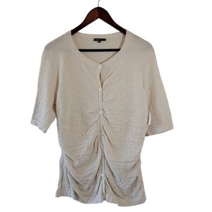 NEW LAFAYETTE 148 Raffia Top Sz XL Oatmeal Button Up Cinched Minimalist Stretch